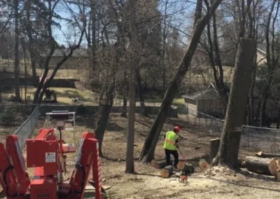 Arborist in high-visibility vest cutting felled trees with wood chipper nearby